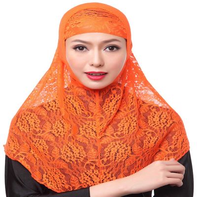 Womens Muslim Islamic Modest Lace 2 Pieces Hijab Scarf (Orange)