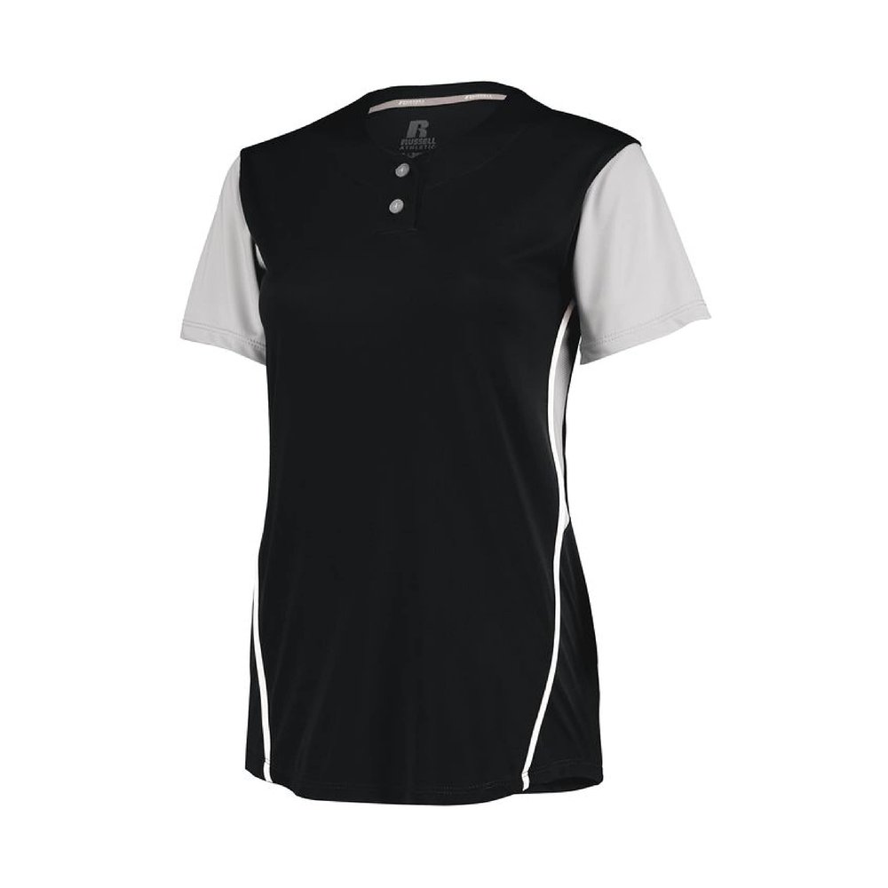 Russell Athletic Ladies Performance Two-Button Color Block Jersey Black/Baseball Grey 2XL
