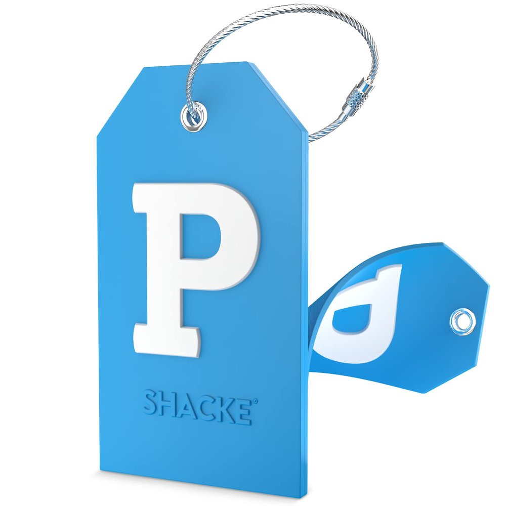 Shacke Initial Luggage Tag with Full Privacy Cover and Stainless Steel Loop - Aqua Teal (Letter P)