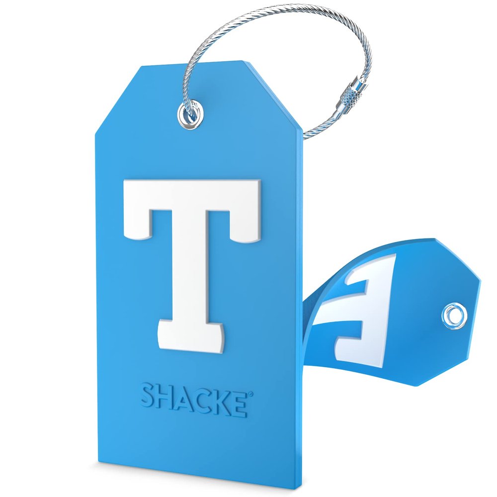 Shacke Initial Luggage Tag with Full Privacy Cover and Stainless Steel Loop - Aqua Teal (Letter T)