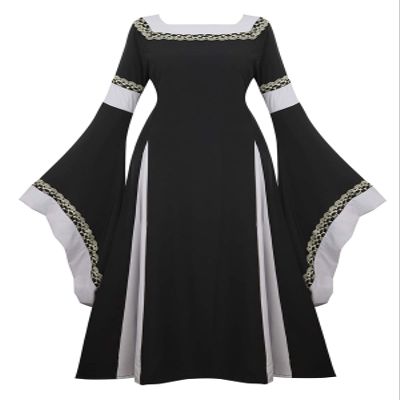 Famajia Womens Medieval Renaissance Costume Cosplay Victorian Vintage Retro Gown Long Dress Black Small