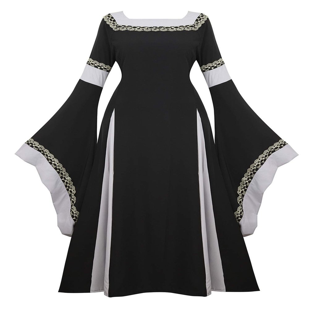 Famajia Womens Medieval Renaissance Costume Cosplay Victorian Vintage Retro Gown Long Dress Black Small
