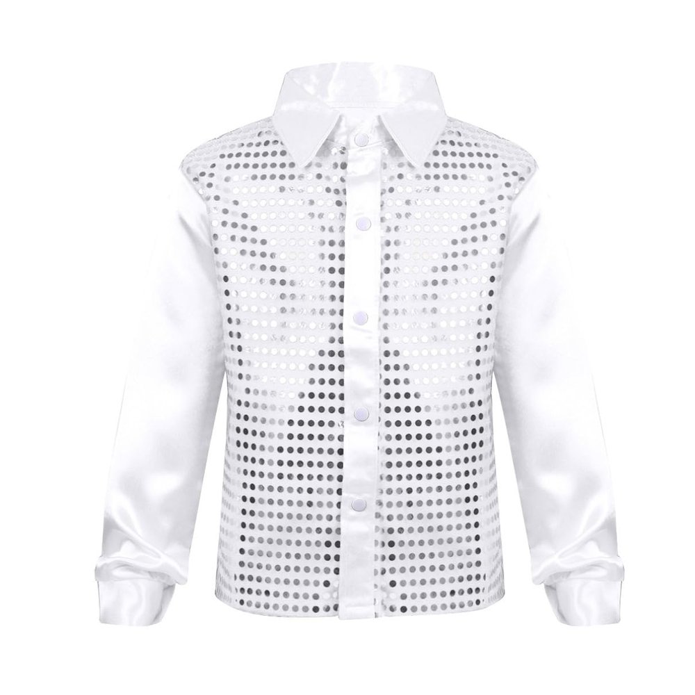 YONGHS Kids Boys Sparkly Sequins Hip Hop Performance Shirts Glittery Sequined Long Sleeve Spread Collar Dancewear White 8-10