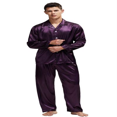 TONY & CANDICE Men's Classic Satin Pajama Set Sleepwear (Purple with Black Piping, Large)