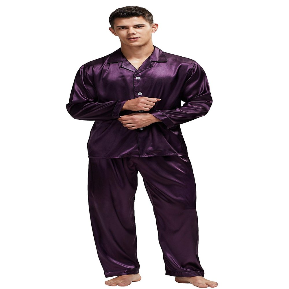 TONY & CANDICE Men's Classic Satin Pajama Set Sleepwear (Purple with Black Piping, Large)
