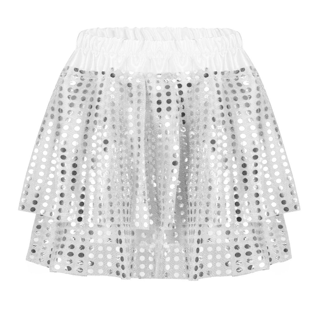 Agoky Kids Girls Glittery Sequined Dance Tutu Skirt Hip Hop Latin Jazz Fancy Dress Up for Prom Dance Stage Performance Silver 7-8