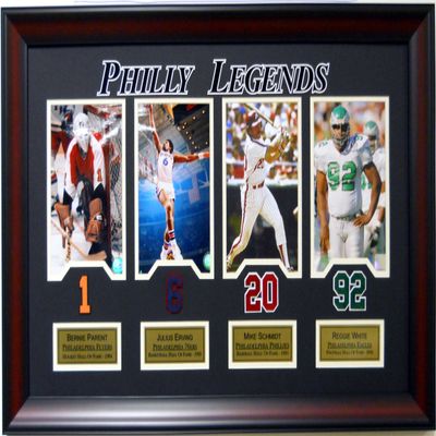 Framed Deluxe Hockey Philly Legends Collage. Bernie Parent, Julius Erving, Mike Schmidt, Reggie White SKU #4013