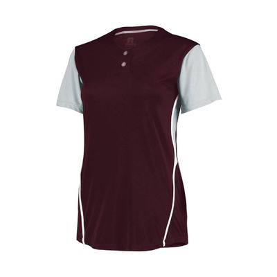 Russell Athletic Ladies Performance Two-Button Color Block Jersey Maroon/Baseball Grey S