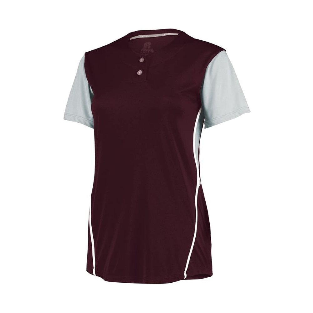 Russell Athletic Ladies Performance Two-Button Color Block Jersey Maroon/Baseball Grey S