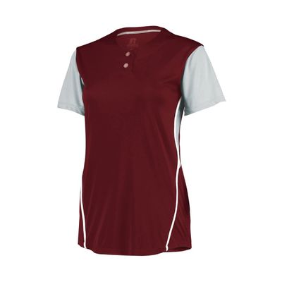 Russell Athletic Ladies Performance Two-Button Color Block Jersey Cardinal/Baseball Grey S