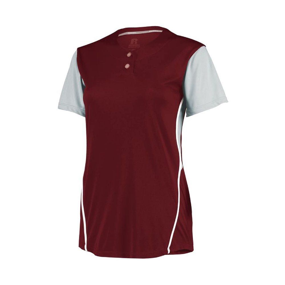 Russell Athletic Ladies Performance Two-Button Color Block Jersey Cardinal/Baseball Grey S