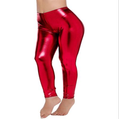 Loxdonz Women Wet Look Shiny Metallic Leggings Liquid Waist Stretch Pants Velma Costume Halloween Tights (XX-Large, Red)