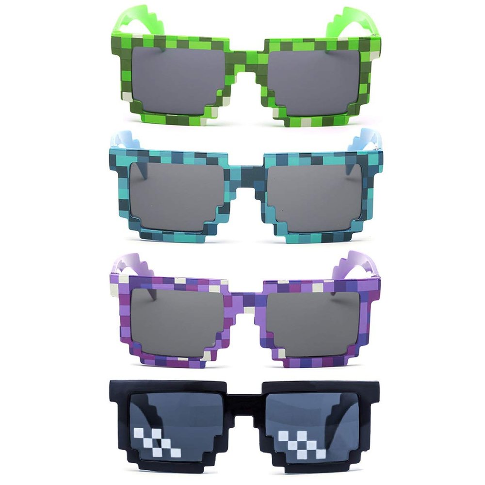 kilofly 4pc 8-Bit Pixel UV Protect Gamer Sunglasses Adult Kids Party Favors