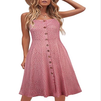 Berydress Women's Casual Beach Summer Dresses 2025 Solid Cotton Flattering A-Line Spaghetti Strap Button Down Midi Sundress (S, 6046-Pink Dot)