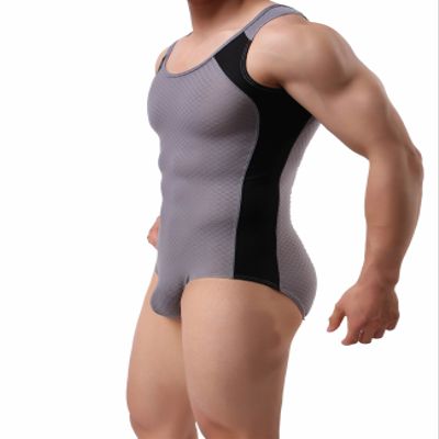 BRAVE PERSON Men's Figure-Shape Bodysuits Elastic Workout Clothes Swimwear 2241 (S / 26"-29'', 001- Gray)
