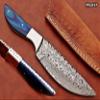 9.5" Walnut wood scale with steel bolster skinning Knife, full tang blade Rain drop pattern straight back hand forged Damascus steel, Cow Leather sheath (Brown) (Blue) view 1