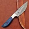 9.5" Walnut wood scale with steel bolster skinning Knife, full tang blade Rain drop pattern straight back hand forged Damascus steel, Cow Leather sheath (Brown) (Blue) view 2