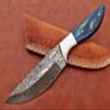 9.5" Walnut wood scale with steel bolster skinning Knife, full tang blade Rain drop pattern straight back hand forged Damascus steel, Cow Leather sheath (Brown) (Blue) view 3