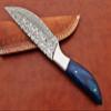 9.5" Walnut wood scale with steel bolster skinning Knife, full tang blade Rain drop pattern straight back hand forged Damascus steel, Cow Leather sheath (Brown) (Blue) view 4