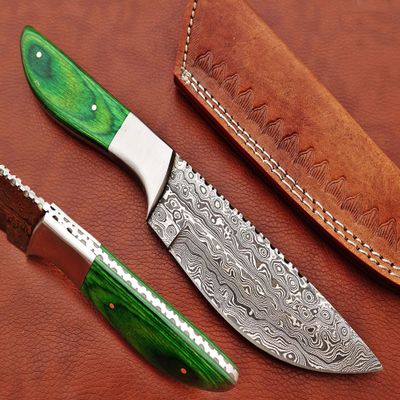 9.5" Walnut wood scale with steel bolster skinning Knife, full tang blade Rain drop pattern straight back hand forged Damascus steel, Cow Leather sheath (Brown) (Green)