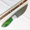 9.5" Walnut wood scale with steel bolster skinning Knife, full tang blade Rain drop pattern straight back hand forged Damascus steel, Cow Leather sheath (Brown) (Green) view 2