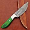 9.5" Walnut wood scale with steel bolster skinning Knife, full tang blade Rain drop pattern straight back hand forged Damascus steel, Cow Leather sheath (Brown) (Green) view 3