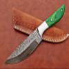 9.5" Walnut wood scale with steel bolster skinning Knife, full tang blade Rain drop pattern straight back hand forged Damascus steel, Cow Leather sheath (Brown) (Green) view 4