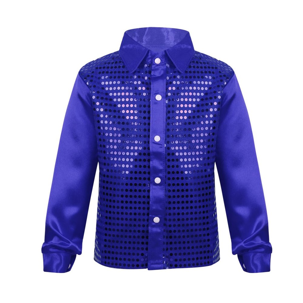 YONGHS Kids Boys Sparkly Sequins Hip Hop Performance Shirts Glittery Sequined Long Sleeve Spread Collar Dancewear Blue 10-12