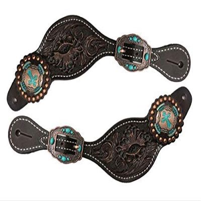 Showman Ladies Floral Tooled Chocolate Leather Spur Straps w/Vintage Cross Conchos