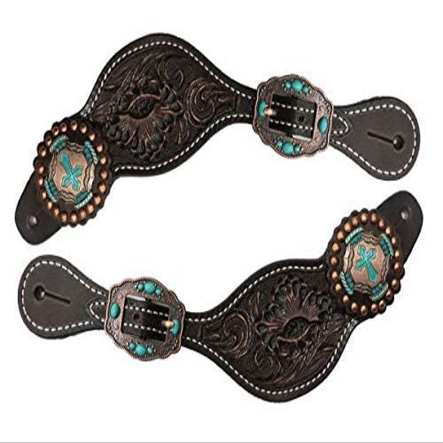 Showman Ladies Floral Tooled Chocolate Leather Spur Straps w/Vintage Cross Conchos