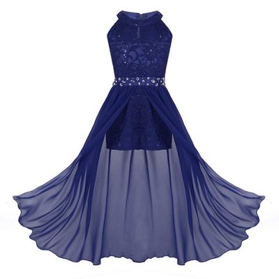 easyforever Girls Halter Shiny Rhinestone Flower Girls Dress Bridesmaid Party Ball Gown Maxi Romper Dress Blue 6