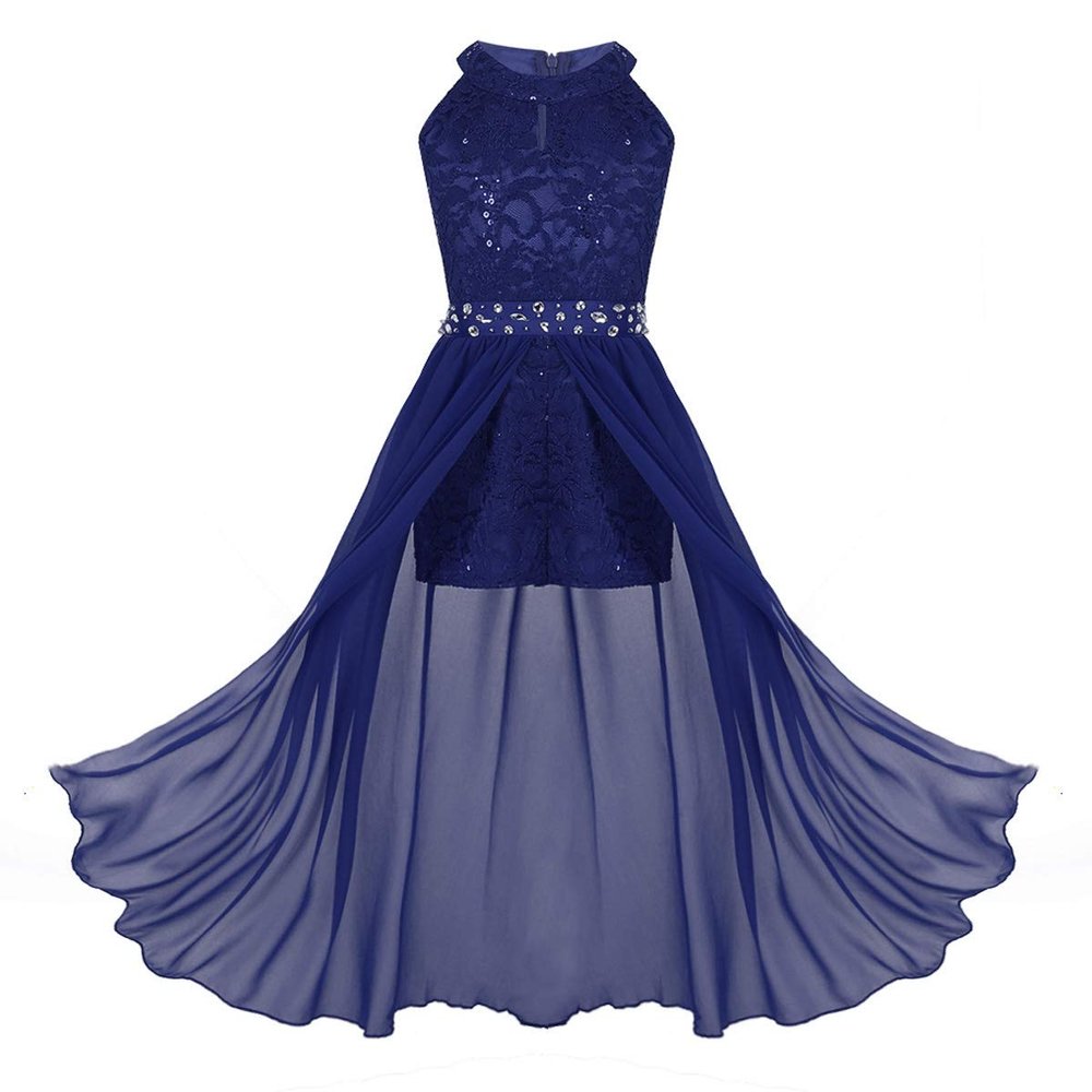 easyforever Girls Halter Shiny Rhinestone Flower Girls Dress Bridesmaid Party Ball Gown Maxi Romper Dress Blue 6