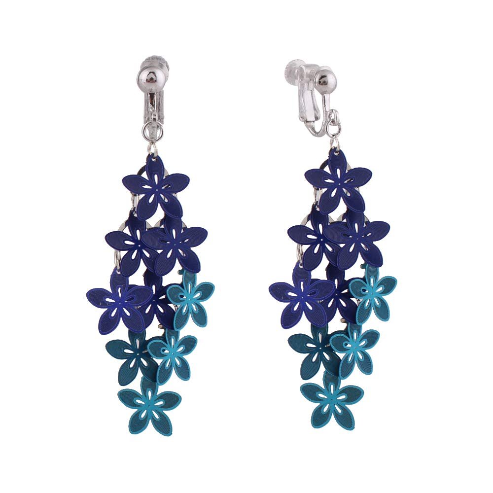 HAPPYAN Handmade Mulit-layer Clip On Earrings for Women & Clip-Ons Lightweight flower Leaf Dangle Earrings (Navy Blue Mix Clip)