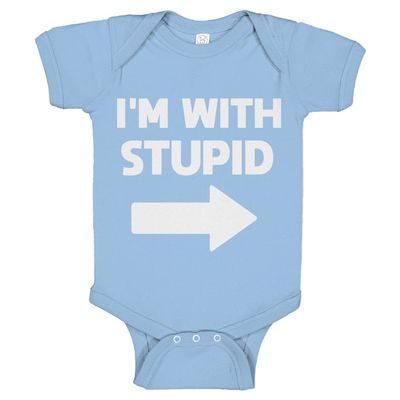 Indica Plateau I'm With Stupid Right Light Blue 18 Month Cotton One-Piece Infant Baby Romper