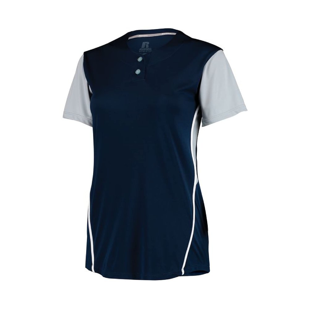 Russell Athletic Ladies Performance Two-Button Color Block Jersey Navy/Baseball Grey M