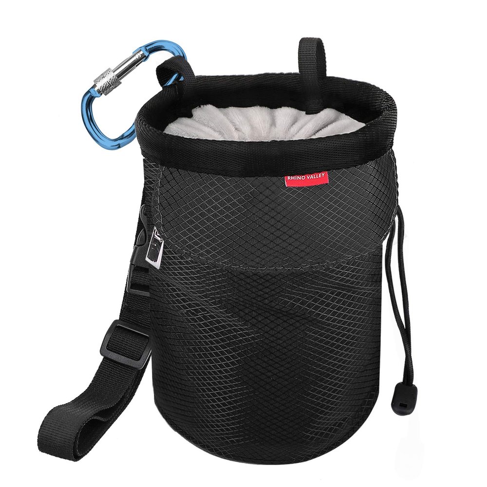 Rhino Valley Climbing Chalk Bag, No Leak Drawstring Chalk Bag with Adjustable Belt, Carabiner Clip and Zippered Pockets Chalk Bag for Rock Climbing, Cross Fit, Weight Lifting & More, Black