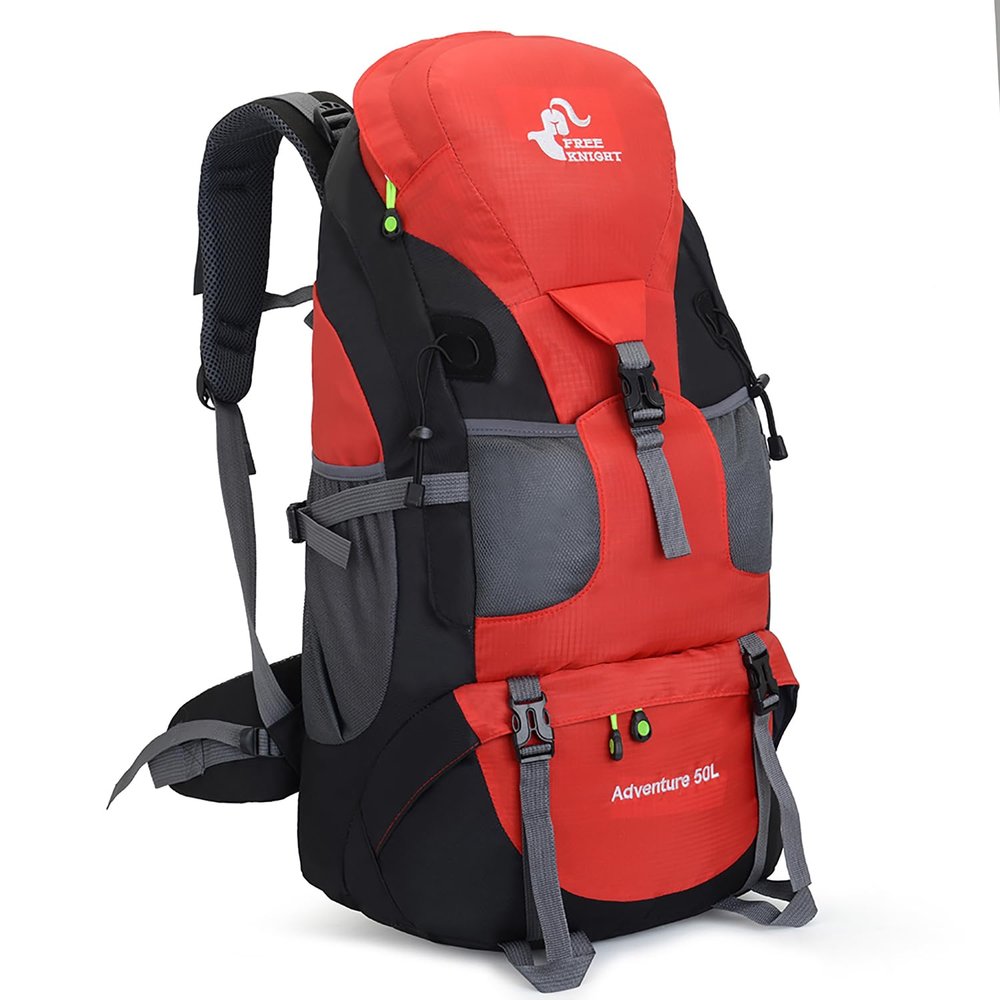 Bseash 50L Hiking Backpack, Water Resistant Lightweight Outdoor Sport Daypack Travel Bag for Camping Climbing Skiing Cycling (Red - No Shoe Compartment)