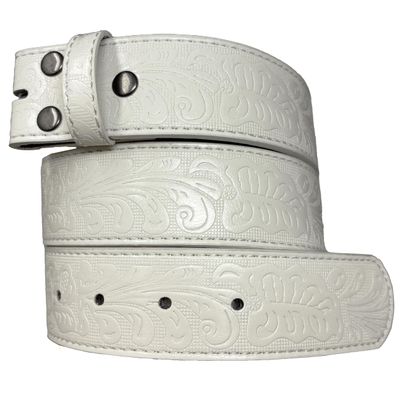 BC Belts Leather Belt Strap with Embossed Western Scrollwork 1.5" Wide with Snaps (White-S)