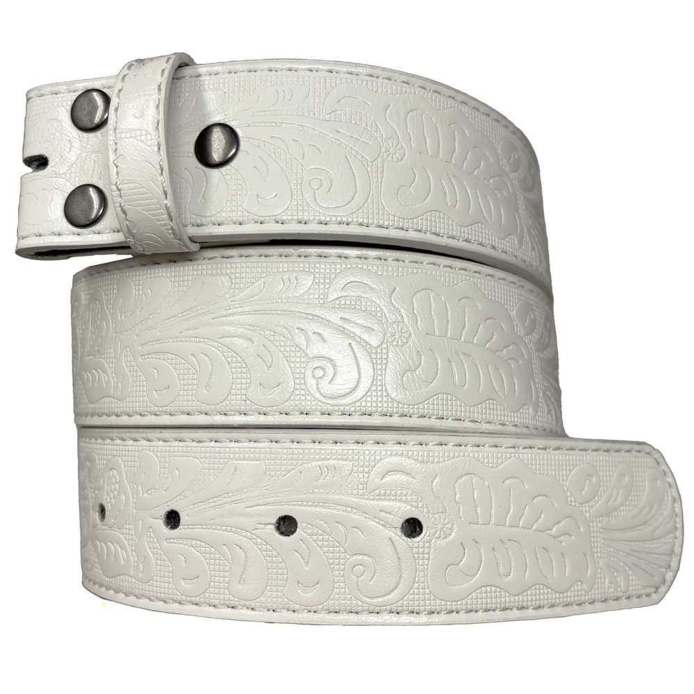 BC Belts Leather Belt Strap with Embossed Western Scrollwork 1.5" Wide with Snaps (White-S)