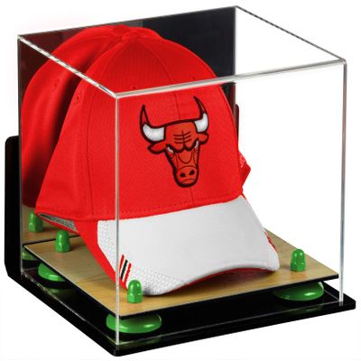 Better Display Cases Acrylic Basketball Hat or Cap Display Case with Mirror, Wall Mount, Green Risers and Wood Base (A006-GRR)