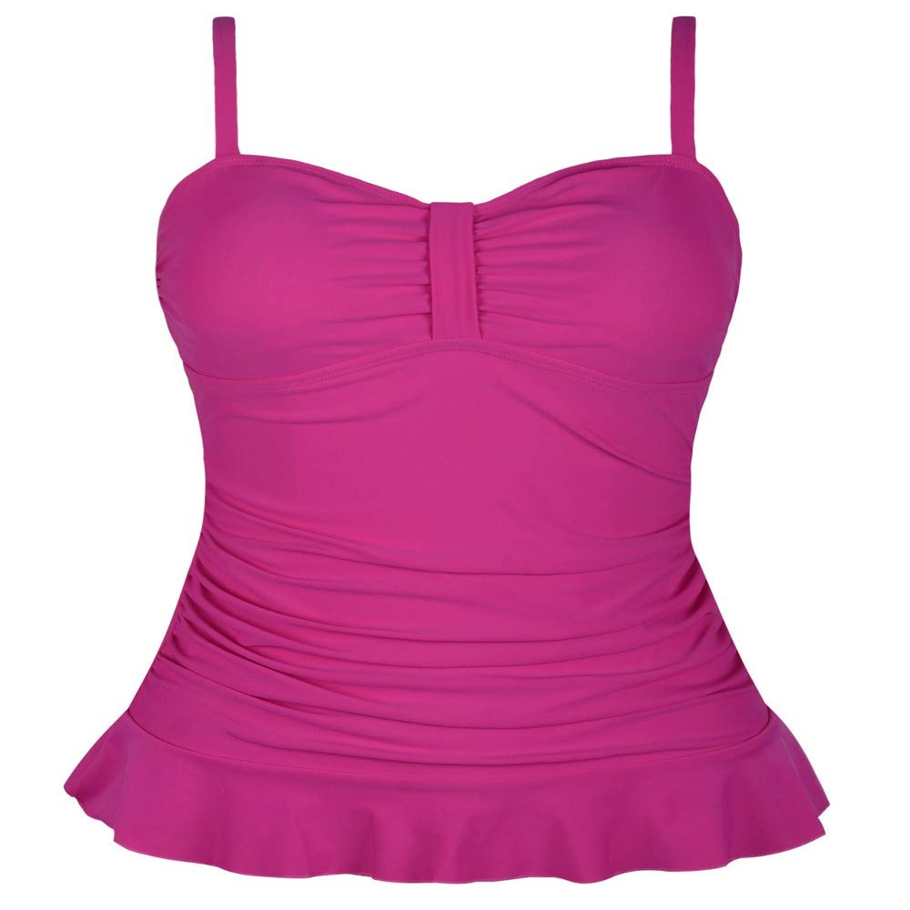 Hilor Women's 50's Retro Ruched Tankini Swimsuit Top with Ruffle Hem Rose Red 6