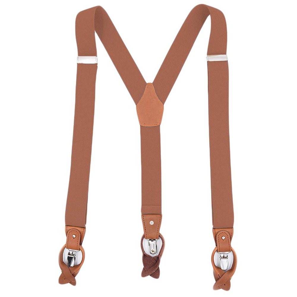 AYOSUSH Mens Suspenders Leather Button with Strong Clips Brown Classic Groomsmen