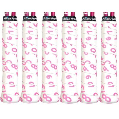 ALIEN PROS Tennis Racket Grip Tape (6 Grips)  Precut and Dry Feel Tennis Grip  Designer Tennis Overgrip Grip Tape Tennis Racket  Wrap Your Racquet for High Performance (6 Grips, Pink Numbers)