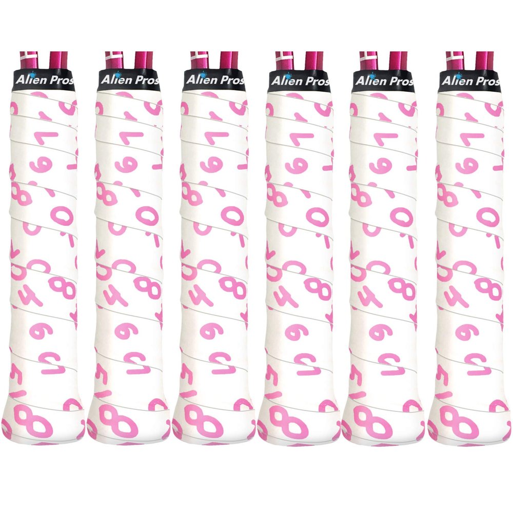 ALIEN PROS Tennis Racket Grip Tape (6 Grips)  Precut and Dry Feel Tennis Grip  Designer Tennis Overgrip Grip Tape Tennis Racket  Wrap Your Racquet for High Performance (6 Grips, Pink Numbers)