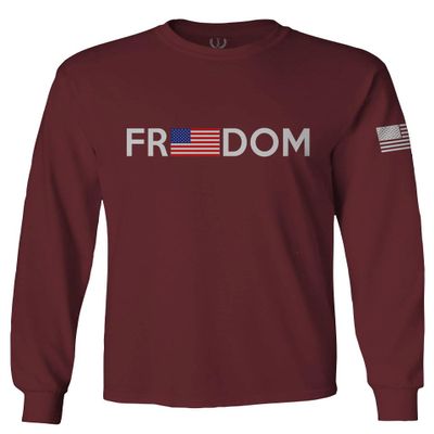 0160. Freedom Military Patriotic Proud American Flag Armour US USA Men's Long Sleeve t Shirt (Maroon Large)