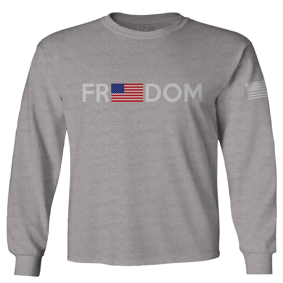 0160. Freedom Military Patriotic Proud American Flag Armour US USA Men's Long Sleeve t Shirt (Light Gray Small)
