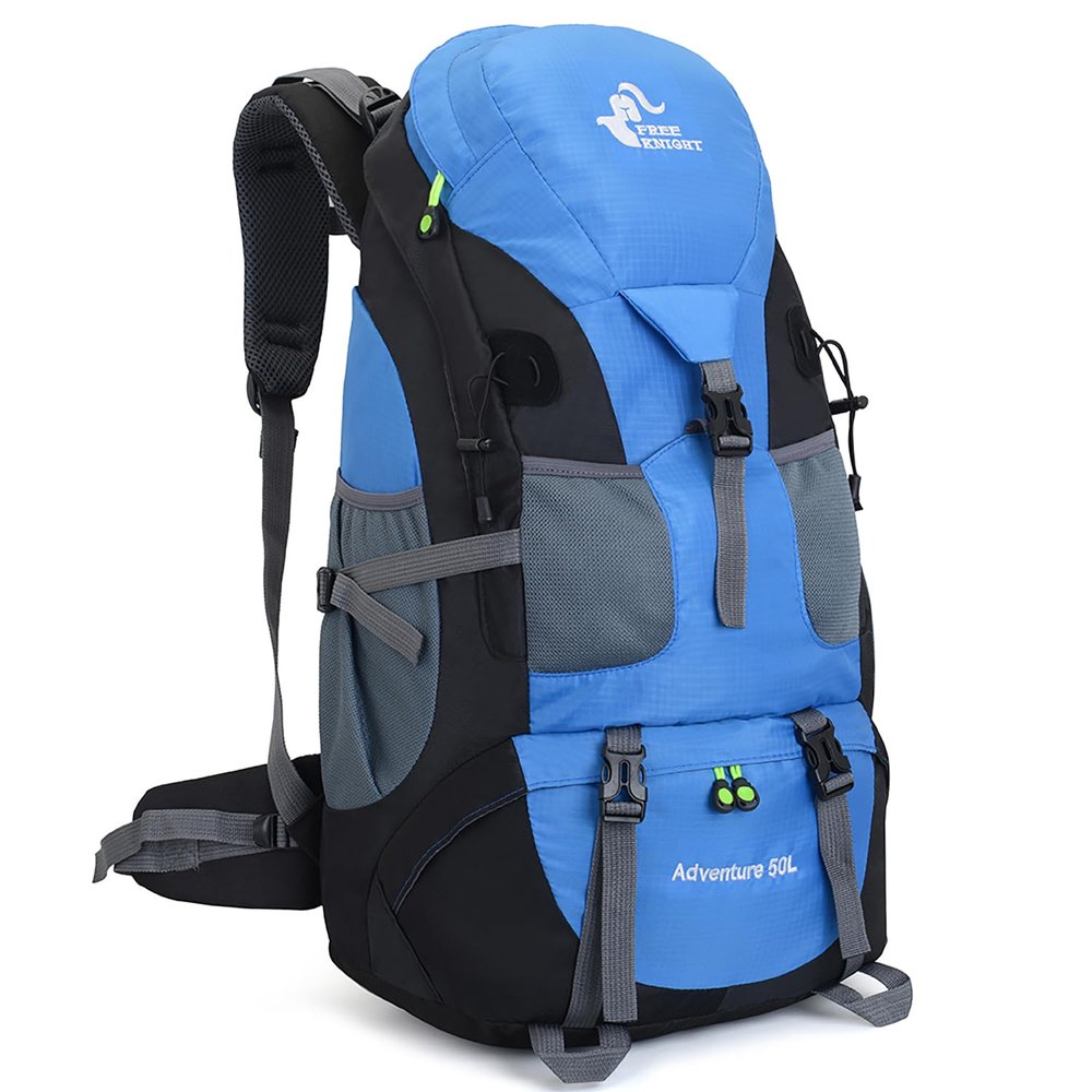 Bseash 50L Hiking Backpack, Water Resistant Lightweight Outdoor Sport Daypack Travel Bag for Camping Climbing Skiing Cycling (Light Blue - No Shoe Compartment)