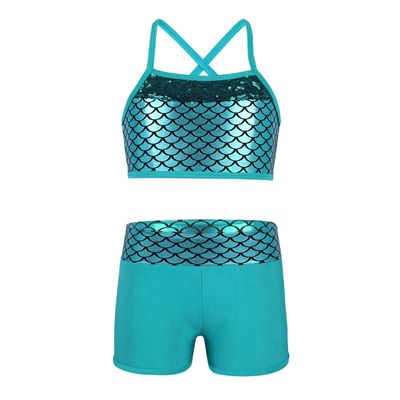 easyforever Kids Girls 2PCS Shiny Mermaid Scales Ballet Dance Outfit Crop Top with Short Tankini Swimsuit Lake Blue 1 10