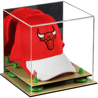 Better Display Cases Acrylic Basketball Hat or Cap Display Case with Mirror, Green Risers and Wood Base (A006-GRR)