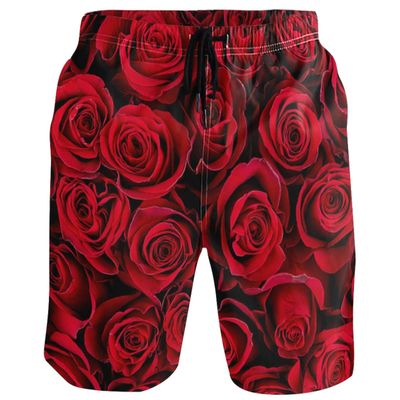 visesunny Red Rose Floral Men Beach Shorts Hot Summer Swim Trunks Sports Swimming Bathing Suits with Mesh Lining